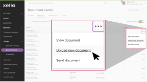 Document center in Xello with the Matched tab open. Cursor is clicking on the three dot icon for a student and is selecting Upload new document
